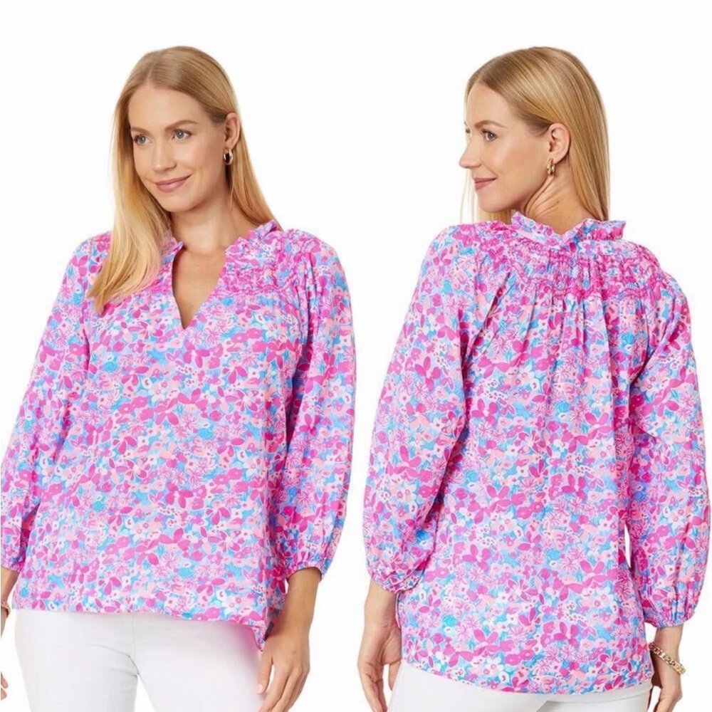Lilly Pulitzer Lourdes blouse Aura Pink Baby Bloomer floral print Large